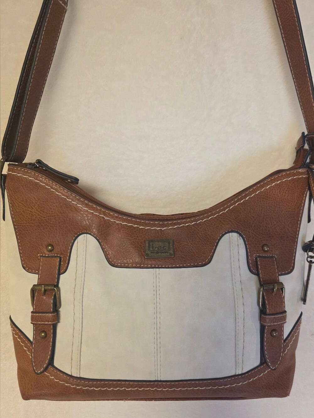 b.o.c. Brown and Cream Two-Tone Vinyl Shoulder Bag Large Double Zip Pockets